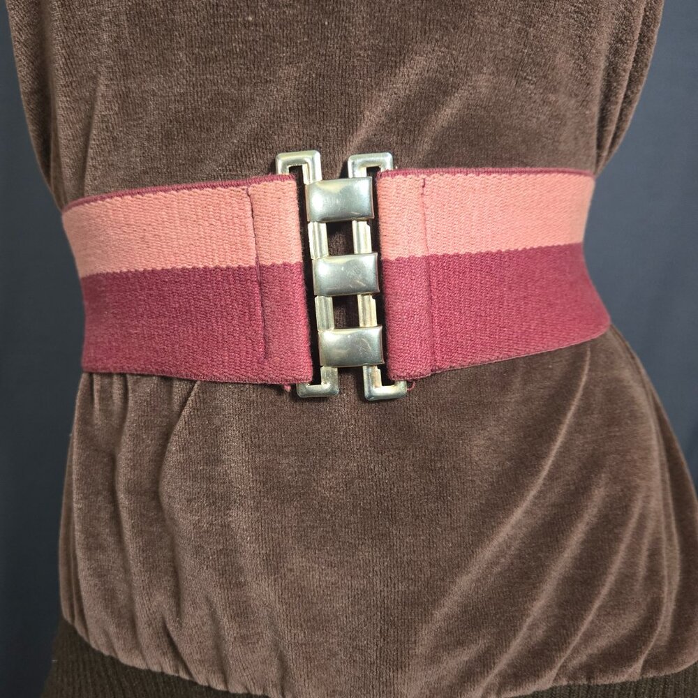 Vintage 70s 80s Wide Elastic Stretchy Waist Belt Burgundy Pink Stripes Size S